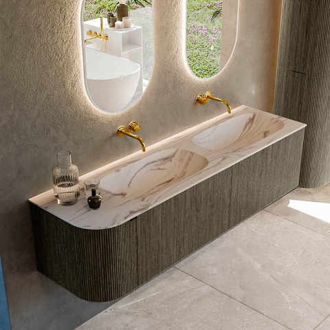 MONDIAZ KURVE-DLUX Meuble de salle de bains 165cm arrondi à gauche couleur Shadow avec 2 tiroirs et 1 porte. Vasque STOR SMALL Double / Droite sans trou de robinet Nata. SW1432339
