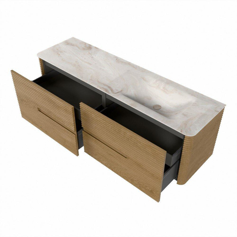 Mondiaz CIRO-DLUX Ensemble de meubles de salle de bains - 160x45x50cm - Plan vasque solid surface Frappe - 1 lavabo à droite - 1 trou de robinet - 4 tiroirs - Chêne SW1530868