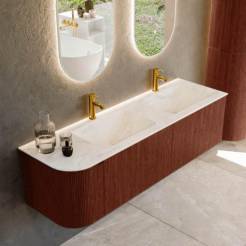 Mondiaz KURVE-DLUX Ensemble de meuble de salle de bains - 155x46x40cm - 2 tiroirs - 1 porte - vasque solid surface - double / droite - 2 trous de robinet - Ruby SW1415931
