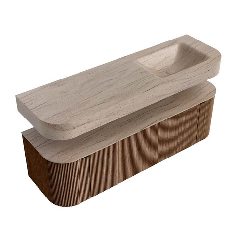 MONDIAZ THOR-DLUX 150cm badmeubel ronding links + rechts kleur Walnut met 1 lade en 2 deuren. Vrijhangende wastafel CLOUD Rechts 1 kraangat kleur Saba. SW1464887