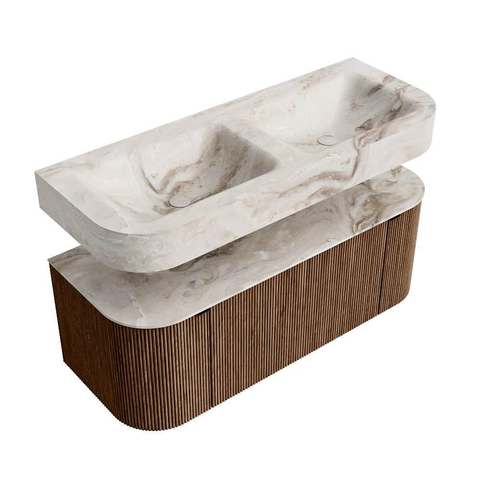 MONDIAZ THOR-DLUX Meuble de salle de bains 120cm arrondi gauche + droite couleur Walnut avec 1 tiroir et 2 portes. Vasque suspendue CLOUD Double 2 trous de robinet couleur Frappe. SW1419185
