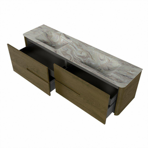 Mondiaz CIRO-DLUX Badkamermeubelset - 180x45x50cm - Solid surface wastafel Glace - 2 wasbak Dubbel - 2 kraangaten - 4 lades - Dusk SW1533012