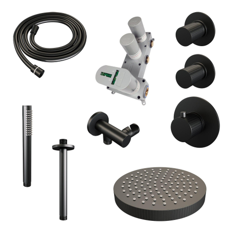 BRAUER Stripe Douche de tête thermostatique encastrée - SET 03 - pomme de douche 25cm - bras plafond - douchette sur barre - flexible de douche - coude mural - noir mat SW1435131