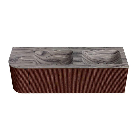 MONDIAZ KURVE-DLUX 145cm badmeubel ronding Links kleur Ruby met 1 lade en 1 deur. Wastafel LEAF Dubbel / Rechts zonder kraangat Sombra. SW1433983