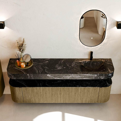 MONDIAZ THOR-DLUX Meuble de salle de bains 190cm arrondi gauche + droite couleur Dusk avec 2 tiroirs et 2 portes. Vasque suspendue CLOUD Droite 1 trou de robinet couleur Lava. SW1466470