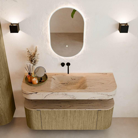 MONDIAZ THOR-DLUX 130cm meuble de salle de bains arrondi gauche + droite couleur Dusk avec 1 tiroir et 2 portes. Vasque suspendue CLOUD Milieu sans trou de robinet couleur Arena. SW1463785