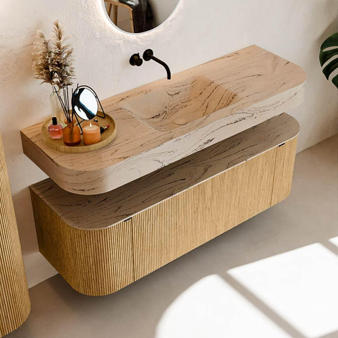 MONDIAZ THOR-DLUX 140cm badmeubel ronding links + rechts kleur Oak met 1 lade en 2 deuren. Vrijhangende wastafel CLOUD Midden zonder kraangat kleur Arena. SW1464343