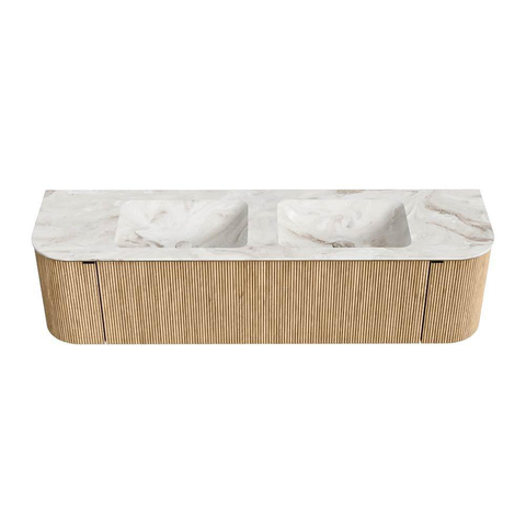 MONDIAZ KURVE-DLUX meuble de salle de bains 170 cm avec module 25 Len R couleur Chêne avec 1 tiroir et 2 portes. Lavabo LEAF double sans trou de robinetterie couleur Frappe. SW1137391