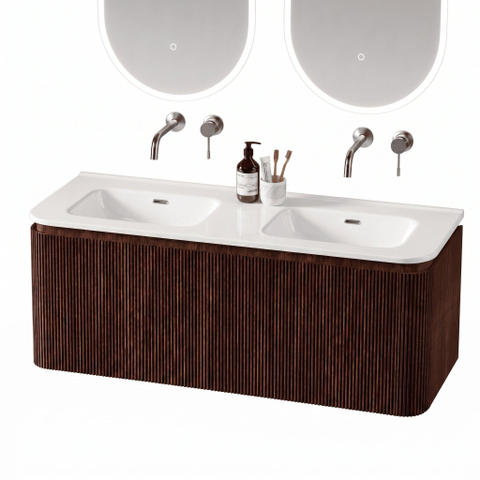 Royal Plaza Terra Edge Ensemble meuble de salle de bains - 120x45.5x46cm - vasque en céramique blanc brillant - 2 vasques - sans trous de robinet - 2 tiroirs - châtaignier (noyer) SW1471939