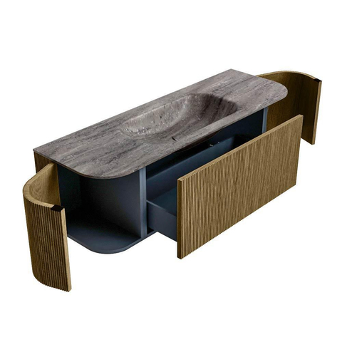 MONDIAZ KURVE-DLUX 140cm badmeubel ronding Links + Rechts kleur Dusk met 1 lade en 2 deuren. Wastafel BIG SMALL Midden zonder kraangat Oza. SW1432976