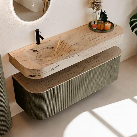 MONDIAZ THOR-DLUX 140cm meuble de salle de bains arrondi gauche + droite couleur Shadow avec 1 tiroir et 2 portes. Vasque suspendue CLOUD Gauche 1 trou de robinet couleur Arena. SW1464360