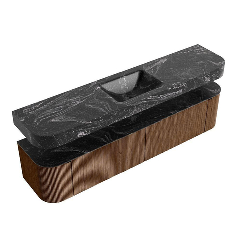 MONDIAZ THOR-DLUX 200cm badmeubel ronding links + rechts kleur Walnut met 2 lades en 2 deuren. Vrijhangende wastafel CLOUD Midden zonder kraangat kleur Lava. SW1466987