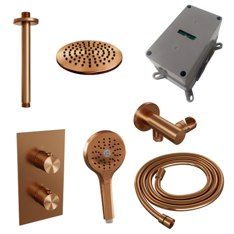 Brauer Copper Edition Ensemble de douche pluie encastré - douche principale 20cm - bras plafond 20cm - 2 fonctions - incluant partie encastrable - douchette ronde 3 positions - PVD - cuivre brossé SW538340