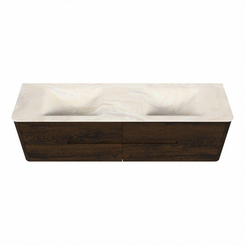 Mondiaz CIRO-DLUX Meuble de salle de bains - 170x45x50cm - Plan vasque en solid surface Ostra - 2 vasques Double - sans trous de robinet - 4 tiroirs - Noyer SW1530395