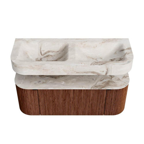 MONDIAZ THOR-DLUX 120cm meuble de salle de bains arrondi gauche + droite couleur Ruby avec 1 tiroir et 2 portes. Vasque suspendue CLOUD Double sans trou de robinet couleur Frappe. SW1463327