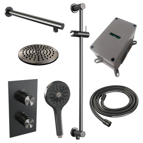 Brauer Gunmetal Edition Ensemble de douche de tête encastré - douche de tête 20 cm - bouton lisse - douchette ronde 3 jets - barre de douche - PVD - gunmetal brossé SW715907