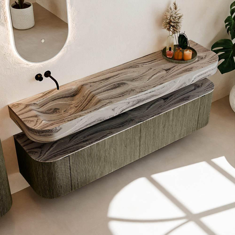 MONDIAZ THOR-DLUX Meuble de salle de bains 190cm arrondi gauche + droite couleur Shadow avec 2 tiroirs et 2 portes. Vasque suspendue CLOUD Gauche sans trou de robinet couleur Sombra. SW1466718