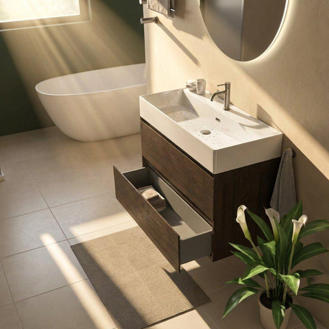 Saniclass Holz Pure Ensemble de meubles de salle de bains - 100x45x72cm - vasque Legend en céramique blanche - 1 vasque - 1 trou de robinet - 2 tiroirs - chêne charcoal mat (bois) SW1478497