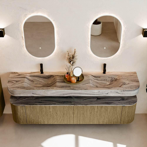 MONDIAZ THOR-DLUX Meuble de salle de bains - 200cm - arrondi gauche + droite - couleur Dusk - 2 tiroirs et 2 portes - Vasque suspendue CLOUD Double 2 trous de robinet - couleur Sombra SW1467287