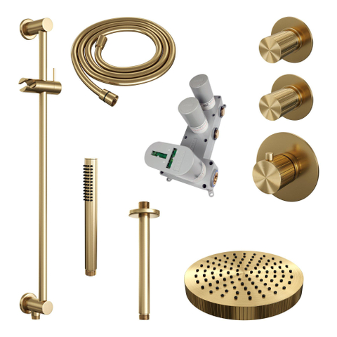 BRAUER Stripe Thermostatische Inbouw Regendouche - SET 09 - 25cm douchekop - plafondarm - staaf handdouche - doucheslang - geïntegreerde glijstang - goud geborsteld PVD SW1434840