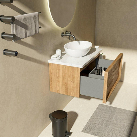 Saniclass Holz Frame Badkamermeubelset - 80x45x43cm - Dia marmeren wastafelblad gepolijst (wit) - zonder kraangat - 1 lade - mat eiken natural (hout) SW1478332
