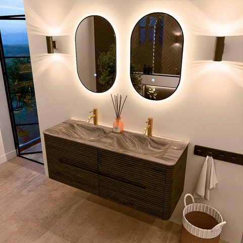 Mondiaz CIRO-DLUX Badkamermeubelset - 130x45x50cm - Solid surface wastafel Sombra - 2 wasbak Dubbel - 2 kraangaten - 4 lades - Shadow SW1532758