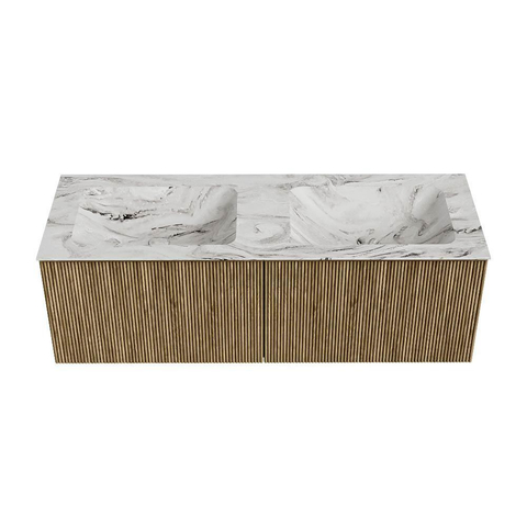 Mondiaz KURVE-DLUX Badkamermeubelset - 130x46x40cm - 2 lade - wastafel solid surface - dubbel - 2 kraangaten - Dusk SW1415513
