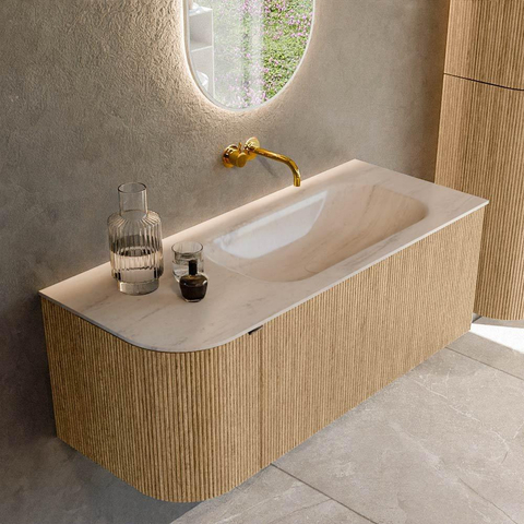 MONDIAZ KURVE-DLUX 115cm badmeubel ronding Links kleur Oak met 1 lade en 1 deur. Wastafel BIG SMALL Rechts zonder kraangat Meli. SW1431616