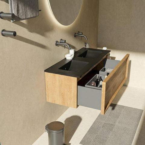 Saniclass Holz Frame Ensemble meuble de salle de bains - 120x45x42cm - Lavabo Vygo en céramique noir - 2 vasques - sans trous de robinetterie - 1 tiroir - chêne natural mat (bois) SW1478985