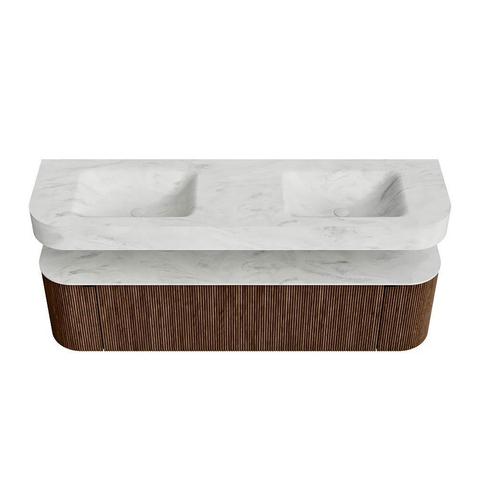 MONDIAZ THOR-DLUX 170cm meuble de salle de bains arrondi gauche + droite couleur Walnut avec 1 tiroir et 2 portes. Vasque suspendue CLOUD Double sans trou de robinet couleur Opalo. SW1465586