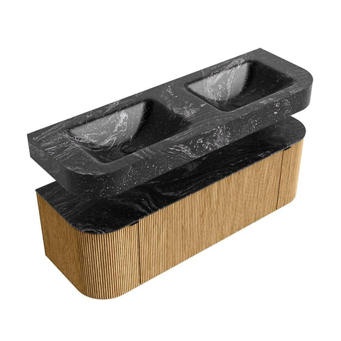 MONDIAZ THOR-DLUX 140cm badmeubel ronding links + rechts kleur Oak met 1 lade en 2 deuren. Vrijhangende wastafel CLOUD Dubbel 2 kraangaten kleur Lava. SW1463925