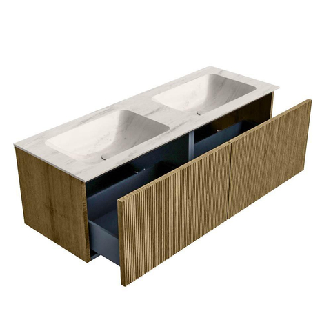 MONDIAZ KURVE-DLUX Meuble de salle de bains 130cm couleur Dusk avec 2 tiroirs et 0 portes. Lavabo LEAF Double sans trou de robinet Meli. SW1431915