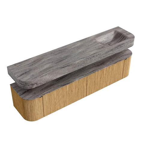 MONDIAZ THOR-DLUX 200cm badmeubel ronding links + rechts kleur Oak met 2 lades en 2 deuren. Vrijhangende wastafel CLOUD Rechts zonder kraangat kleur Oza. SW1467177