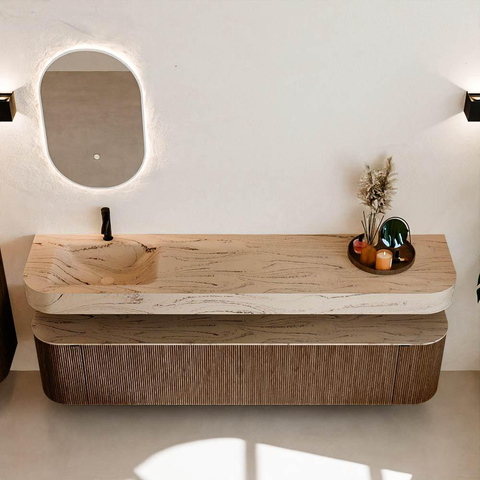 MONDIAZ THOR-DLUX 200cm meuble de salle de bains arrondi gauche + droite couleur Walnut avec 2 tiroirs et 2 portes. Vasque suspendue CLOUD gauche 1 trou de robinet couleur Arena. SW1467077