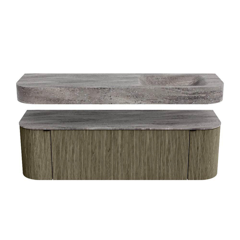 MONDIAZ THOR-DLUX 150cm meuble de salle de bains arrondi gauche + droite couleur Shadow avec 1 tiroir et 2 portes. Vasque suspendue CLOUD Droite 1 trou de robinet couleur Oza. SW1464681