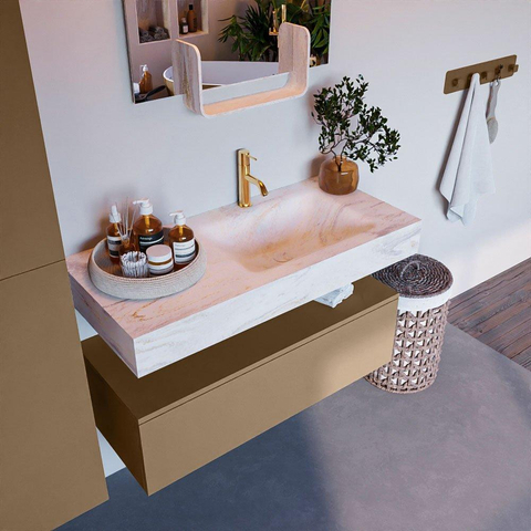 Mondiaz ALAN-DLUX Ensemble de meuble - 100cm - meuble - Oro mat - 1 tiroir - Lavabo Cloud Ostra suspendu - vasque droite - 1 trou de robinet - Beige SW807755