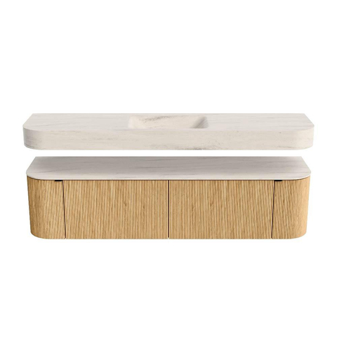 MONDIAZ THOR-DLUX 180cm meuble de salle de bains arrondi gauche + droite couleur Oak avec 2 tiroirs et 2 portes. Vasque suspendue CLOUD Milieu 1 trou de robinet couleur Meli. SW1466151