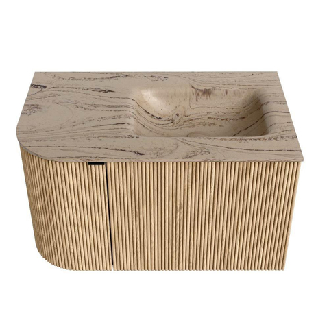 MONDIAZ KURVE-DLUX Meuble de salle de bains 75cm arrondi à gauche couleur Chêne avec 1 tiroir et 1 porte. Lavabo GRUNNE à droite sans trou de robinet Arena. SW1431462