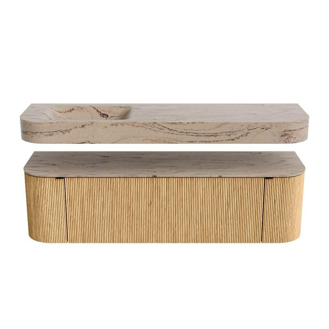 MONDIAZ THOR-DLUX 160cm meuble de salle de bains arrondi gauche + droite couleur Oak avec 1 tiroir et 2 portes. Vasque suspendue CLOUD Gauche 1 trou de robinet couleur Arena. SW1465120