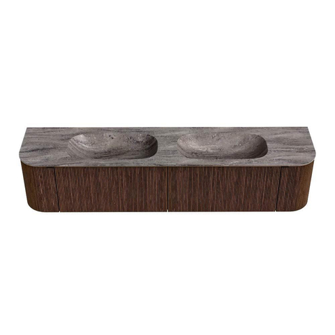 MONDIAZ KURVE-DLUX 200cm badmeubel ronding Links + Rechts kleur Walnut met 2 lades en 2 deuren. Wastafel STOR SMALL Dubbel 2 kraangaten Oza. SW1432496