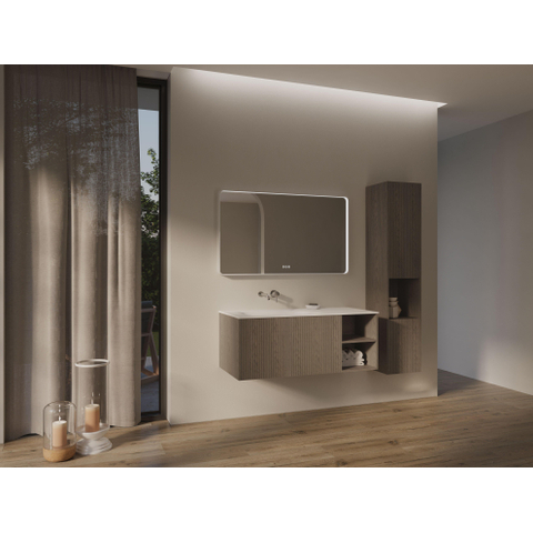 Thebalux Linea Ensemble de meubles de salle de bains - 120x55x46cm - 1 tiroir - sans poignée - Façade rainurée verticale - lavabo Corian - gauche - sans trou de robinetterie - Placage Natural SW1239570