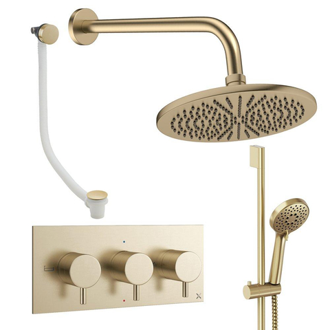 Crosswater MPRO Regendoucheset inbouw - 3 hendels - badafvoer - 30cm douchekop - handdouche - glijstang - wandarm - geborsteld messing (goud) SW1472669