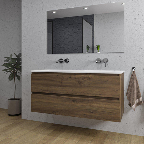 Saniclass Chaci Meuble de salle de bain - 120x46x55cm - lavabo en céramique blanc - 2 vasques - sans trous de robinet - 2 tiroirs - miroir rectangulaire - noyer (hout) SW816575