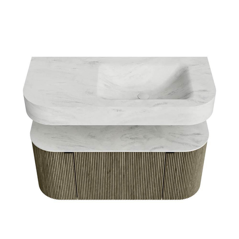 MONDIAZ THOR-DLUX 100cm meuble de salle de bains arrondi gauche + droite couleur Shadow avec 1 tiroir et 2 portes. Vasque suspendue CLOUD Droite 1 trou de robinet couleur Opalo. SW1467525