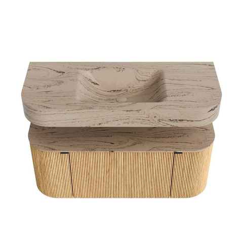 MONDIAZ THOR-DLUX 110cm badmeubel ronding links + rechts kleur Oak met 1 lade en 2 deuren. Vrijhangende wastafel CLOUD Midden 1 kraangat kleur Arena. SW1462706
