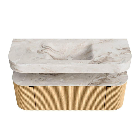 MONDIAZ THOR-DLUX 130cm badmeubel ronding links + rechts kleur Oak met 1 lade en 2 deuren. Vrijhangende wastafel CLOUD Midden 1 kraangat kleur Frappe. SW1463509