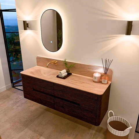 Mondiaz CIRO-DLUX Meuble de salle de bains - 150x45x50cm - Plan vasque Solid surface Saba - 1 lavabo à gauche - sans trous de robinetterie - 4 tiroirs - Noyer SW1530711