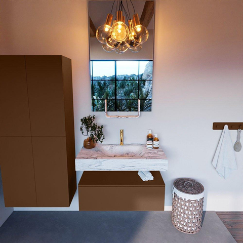 MONDIAZ ALAN - DLUX Ensemble meuble de salle de bains - 90cm - meuble bas - Rust - 1 tiroir - lavabo suspendu - vasque au centre - 1 trou de robinet - Glace SW805838