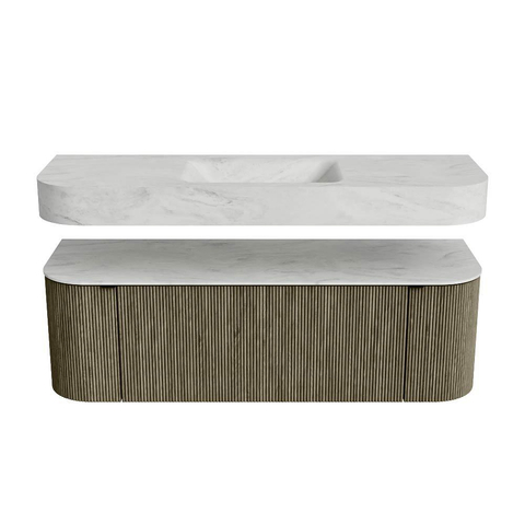 MONDIAZ THOR-DLUX 140cm badmeubel ronding links + rechts kleur Shadow met 1 lade en 2 deuren. Vrijhangende wastafel CLOUD Midden 1 kraangat kleur Opalo. SW1464164