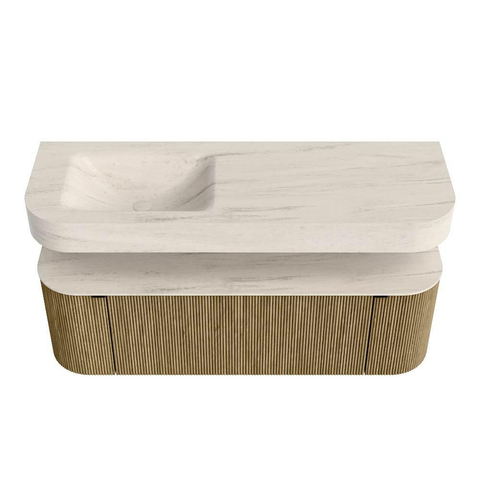 MONDIAZ THOR-DLUX 140cm meuble de salle de bains arrondi gauche + droite couleur Dusk avec 1 tiroir et 2 portes. Vasque suspendue CLOUD Gauche sans trou de robinet couleur Meli. SW1464403